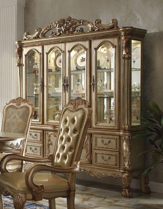 63155 Dresden China Cabinet With 4 Glass Doors 4 Drawers Glass Shelves Claw Feet And Carved Details In Gold Patina