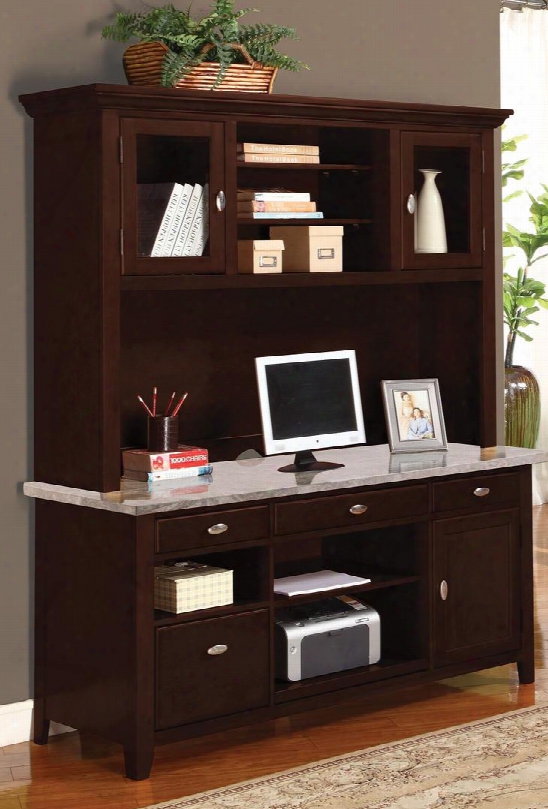 92012dh Britney Office Desk + Hutch With 1 Utility Drawer 3 File Drawers 3 Convenient Open Shelves 1 Door Cabinet And Cream Faux Marble Top  In Espresso