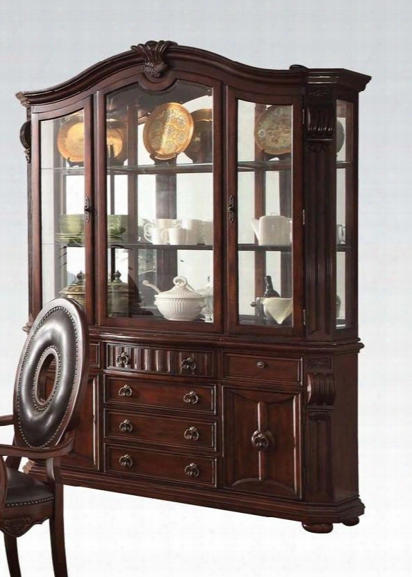 Abbeville 60316 70" China Cabinet With 6 Drawers 4 Doors Glass Shelves Touch Light Hutch Mirrored Back Hutch And Poplar Wood Construction In Cherry