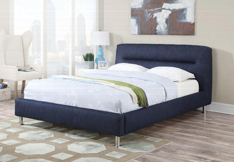 Adney Collection 25070q Queen Size Bed With Chrome Legs Panel Headboard And Fabric Upholstery In Blue Denim