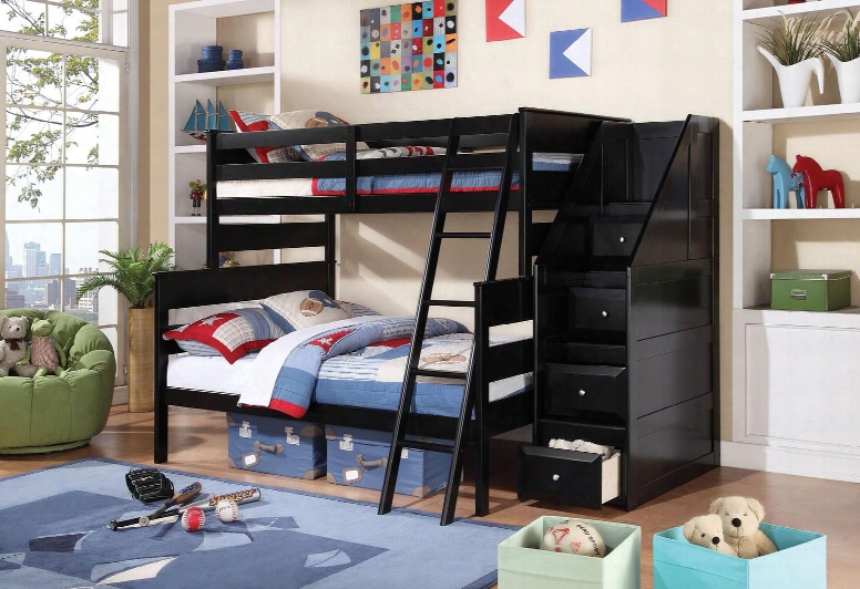 Alivs Collection 37365 Twin Over Full Size Bunk Bed With Easy Access Guard Rail Reversible Storage Ladder And Pine Wood Construction In Black