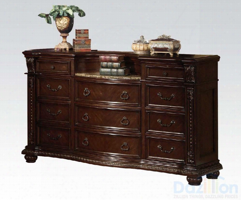 Anondale Collection 10315 69" Dresse Rwith 11 Spacious Drawers Marble Top Open Shelf Antique Hardware And Decorative Carvings In Cherry