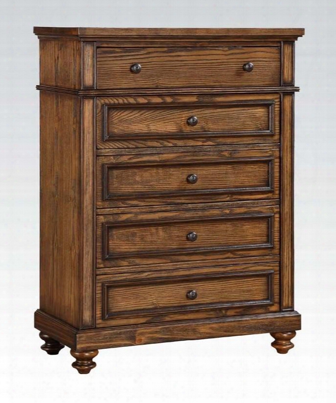 Arielle Collection 24446 36" Chest With 5 Drawers Round Silver Metal Hardware Turned Legs And Pine Wood Construction In Oak