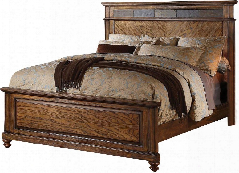 Arielle Collection 24470q Queen Size Bed With Slate Insert Wooden Headboard Low Profile Footboard Round Bun Leg And Pine Wood Construction In Oak