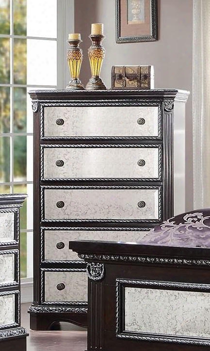 Athena Silver Collection 20926 59" Chest With 5 Mirror Insert Drawers Bronze Metal Hardware And Pine Wood Construction In Espresso