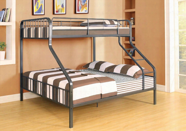 Caius Collection 37605 Twin Over Queen Size Bunk Bed With Slat System Included Right Front Ladder Easy Access Gua Rdrail And Steel Tube Frame In Gunmetal