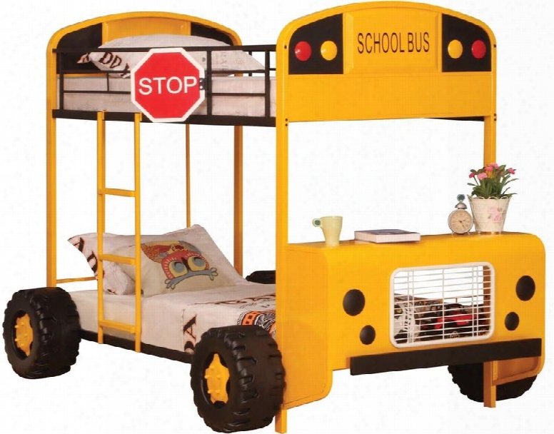 Cathie Collection 37575 Twin Over Twin Size Bunk Bed With School Bus Design Flippable Stop Sign And Sturdy Metal Construction In Yellow And Black