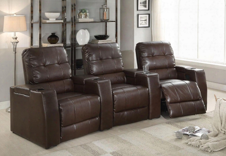 Clico 52235 116" Home Theatre Set With Consoles Cup Holders Tufted Seat Back Pocket Coil Seating And Bonded Leather Upholstery In Brown