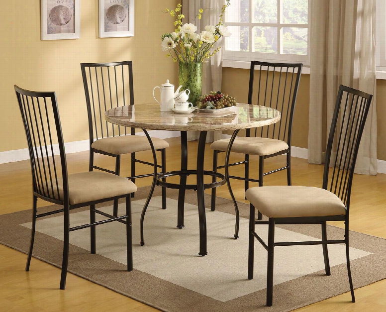 Darell Collection 70295 5  Pc Dining Room Set With White Faux Marble Top Microfiber Seat Cushions Slat Backrests Supporting Table Ring And Metal Construction