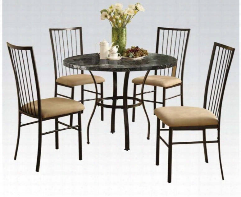 Darell Collection 70495w 5 Pc Dining Room Set With Black Faux Marble Table Top 4 Side Chairs Microfiber Upholstery And Metal Construction In Antique Bronze