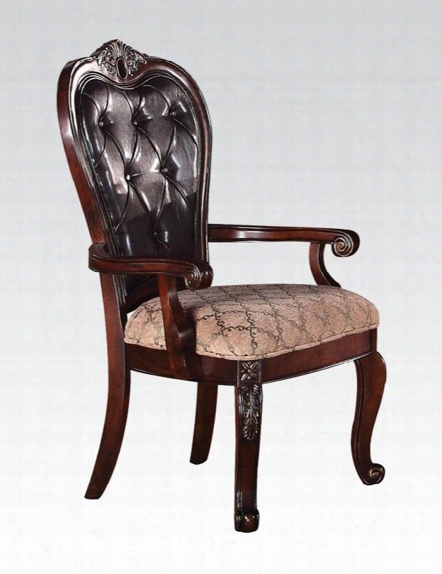 Dorothea Collection 60594 18" Fabric And Pu Leather Upholstered Arm Chair With Cabriol Elegs Carved Detailing And Button Tufting In Cherry