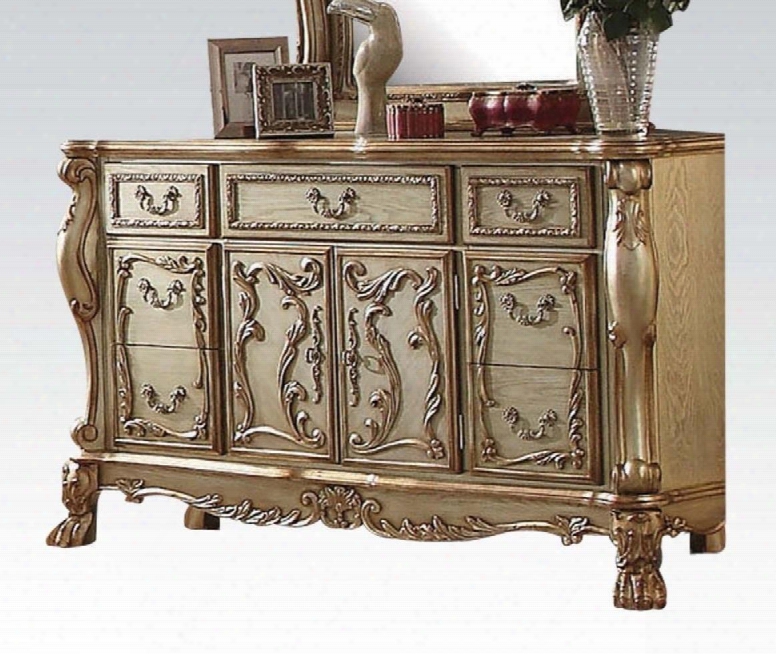 Dresden 23165 66" Dresser With 5 Drawers 2 Doors Interior Shelf Antique Brass Hardware Ball And Claw Feet In Gold Patina