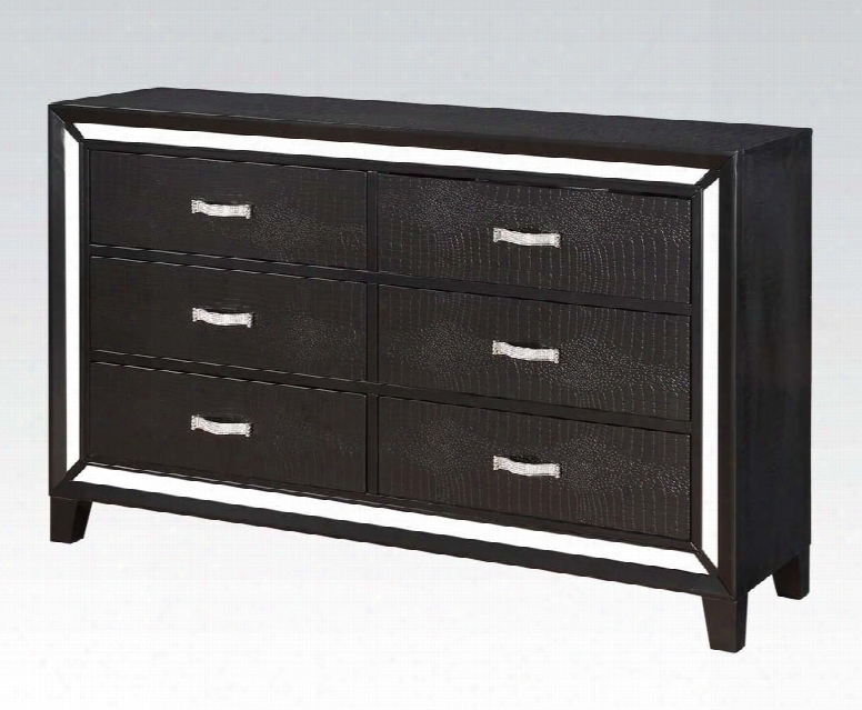 Elberte 22795 61" Dresser With 6 Drawers Mirror Trim Accent Crystal Like Handles Crocodile Pu Upholstery Solid Pine And Plywood Construction In Black