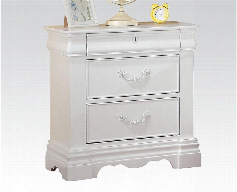 Estrella Collection 30243 26" Nightstand With 3 Drawers Metal Hardware Faux Key Decor Kenlin Center Metal Drawer Glide Pine Wood Construction In White