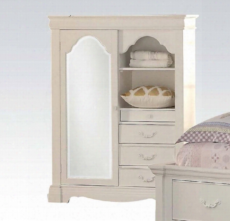 Estrella Collection 39158 46" Armoire With 4 Drawers 2 Shelves 2 Open Compartments Mirror Door Hanging Rod And Pine Wood Materials In White