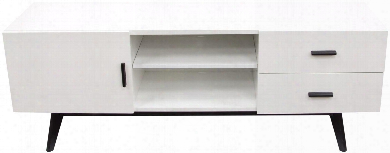 Focus Focusetwh 59" Entertainment Cabinet With 2 Drawers 1 Door Low Profile Blak Tapered Legs And Component Area In White