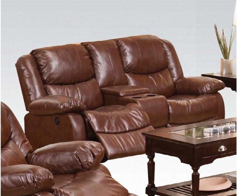 Fullerton Collection 50204 76" Loveseat With Console Cup Holders Pillow Top Arms Split Back Cushions And Bonded Leather Match Upholstery In Brown