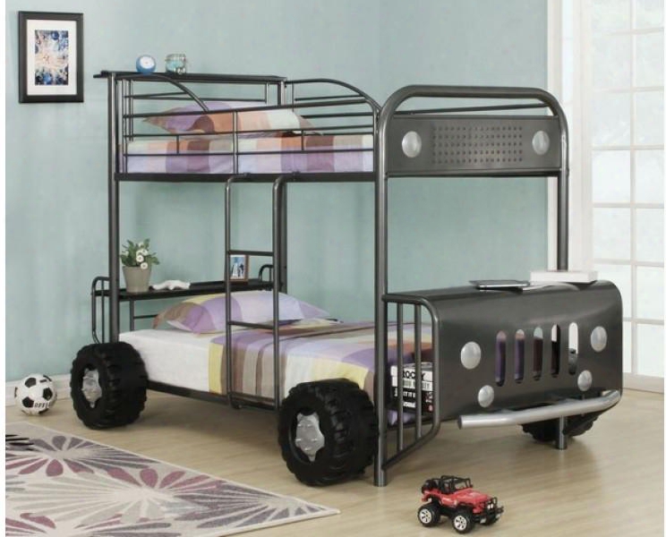 Harry Collection 37585 Twin Size Bunk Bed With 4 Wheels Built-in Ladder Safety Rails Bus Design And Metal Frame In Gunmetal