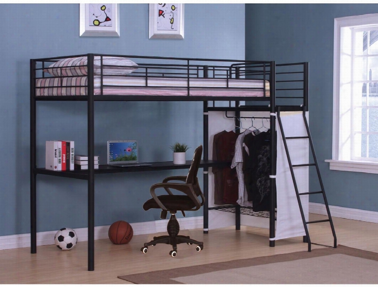 Hazra Collection 37515 Twin Size Loft Bed With Full Length Guard Rails Built-in Side Ladders Loft Desk Closet And Metal Tube Frame In Brown