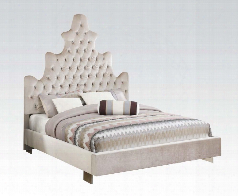 Honesty Collection 25030q Queen Size Bed With Crystal Like Button Tufted Low Profile Footboard Acrylic Legs And Plush Fabric Upholstery In Sand Plush