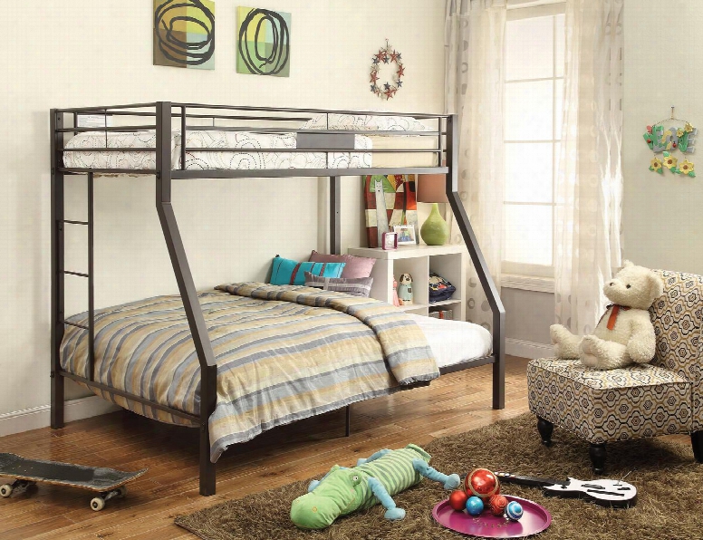 Limbra Collection 37510 Twin Over Full Size Bunk Bed With Full Length Guard Rail Fixed Ladders And Metal Tube Frame In Brown