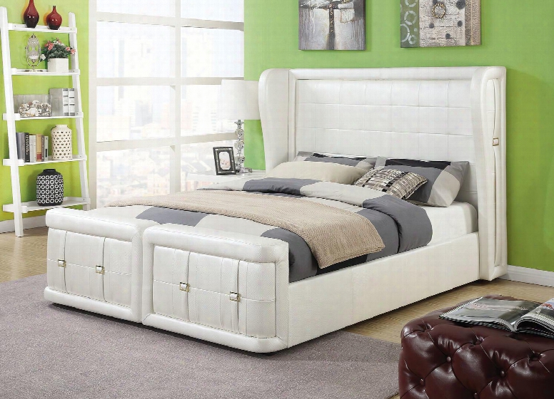 Linus Collection 25040q Queen Size Bed With Wooden Legs Wingback Headboard Low Profile Footboard Belt Accents And Pu Leather Upholstery In Pearl White