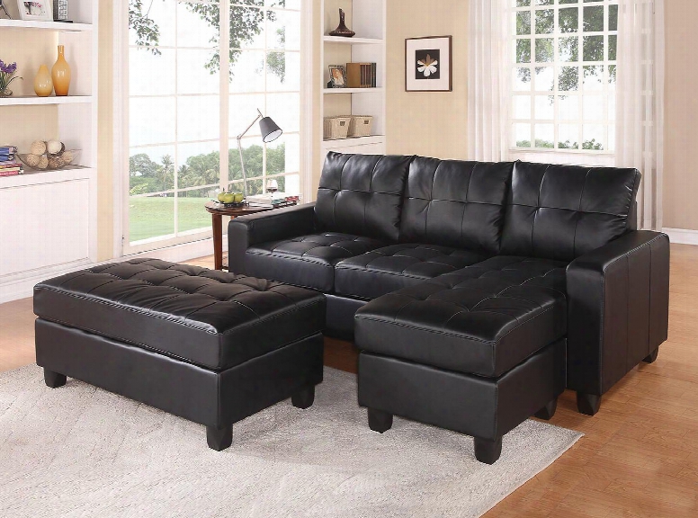 Lyssa 51215 83" Reversible Sectional Sofa With Chaise Ottoman Wood Frame Loose Seat Cushion Pocket Coil Seating And Bonded Leather Match In Black