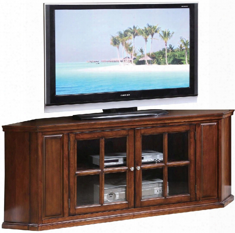 Malka Collection 48618 62" Corner Tv Stand With 2 Glass Doors Shelves Metal Hardware And Basswood Construction In Oak