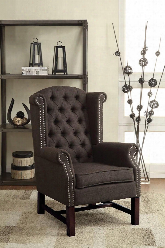 Manly 59311 33" Accent Chair With Tight Seat Maple Legs Nail Head Trim Button Tufted Back And Fabric Upholstery In Grey