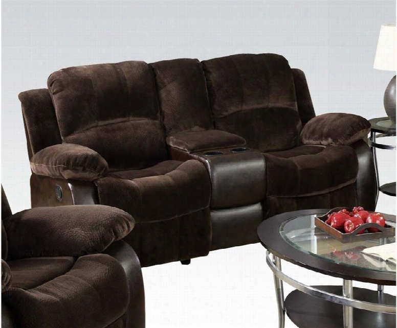 Masaccio Collection 50473 76" Reclining Loveseat With Pu Leather Cup Holders Plush Padded Arms Dual Gliders And Microfiber Material Console In Brown Champion