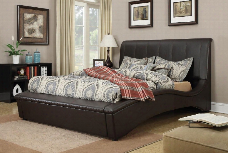 Matthew Collection 24630q Queen Size Bed With Curved Design Wood Frame Black Plastic Legs And Faux Leather Upholstery In Espresso