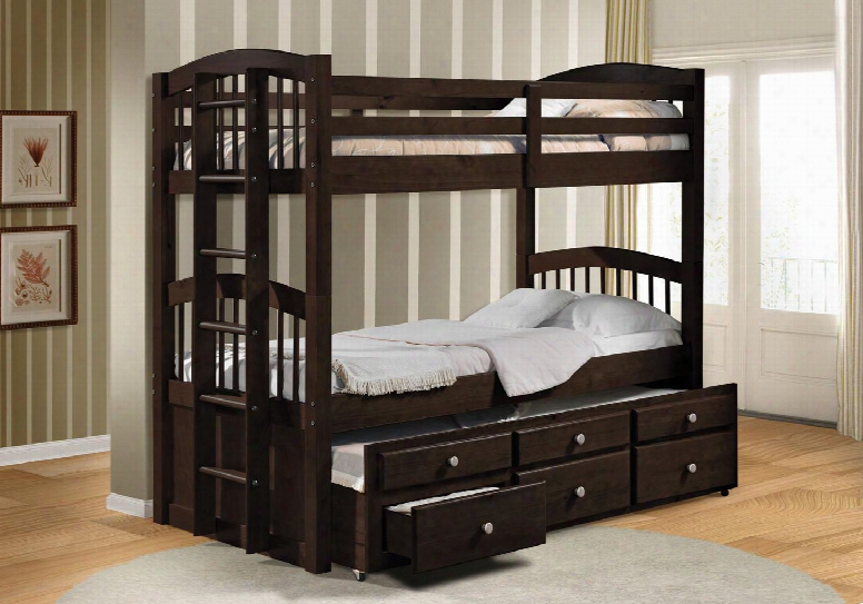 Micah 40000 80" Twin Bunk Bed With 3 Drawers Trundle 13 Supported Slats Per Bed 13 Trundle Slats And Reversible Ladder In Espresso