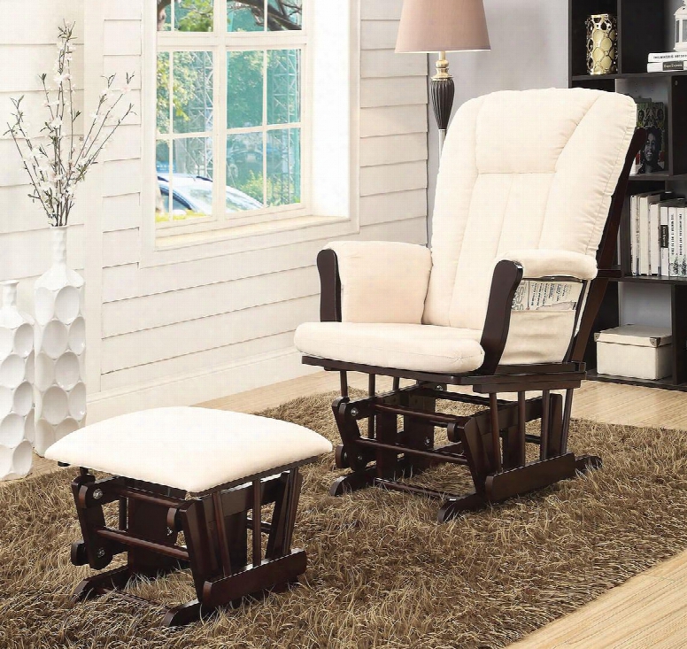 Paola Collection 59334 2 Pc Glider Chair And Ottoman With Beige Microfiber Upholstery And Rubberwood Construction In Espresso