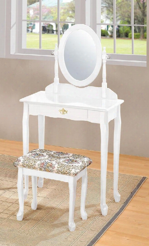 Queeen Anne Collection 02337wh 3 Pc Pack Vanity Set With 1 Drawer Vanity Tbale Swivel Mirror Fabric Cushion Seat Stool And Wood Veneer Construction In White