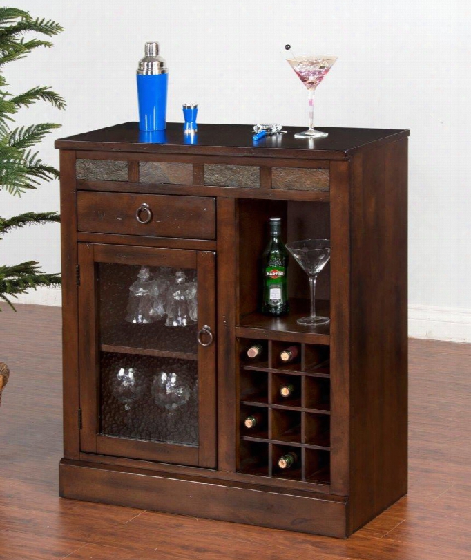Santa Fe Collection 1918dc 32" Mini Bar With 12 Bottle Rack Waterfall Glass Door And Glass Hanger In Dark Chocolate