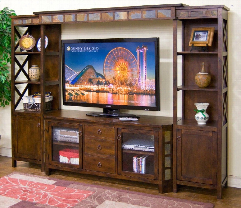 Santa Fe Collection K3416dc 80" Entertainment Wall With 2 Beehive Glass Doors Adjustable Shelves And Combo Drawer In Dark Chocolate