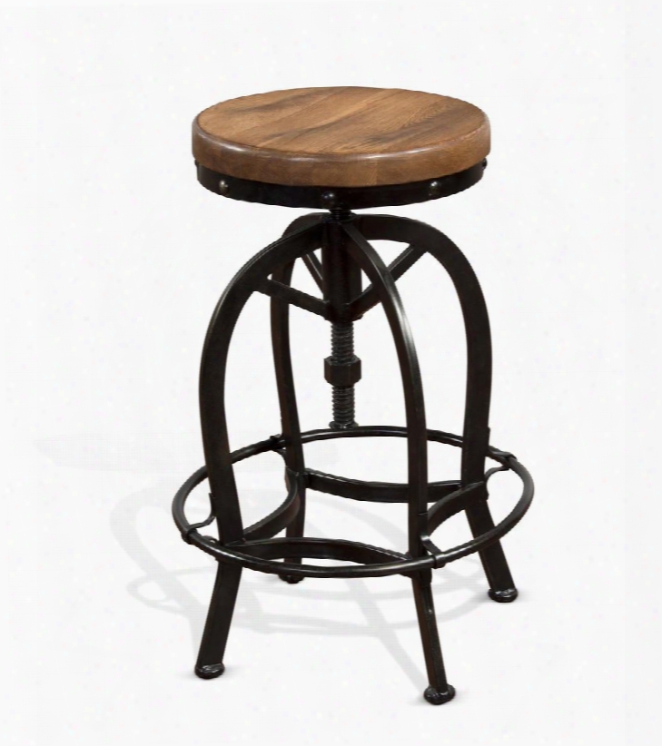 Sedona Collection 1725ro 24" - 32" Adjustable Metal Stool With Swivel Wooden Seat Metal Base And Stretchers In Rustic Oak
