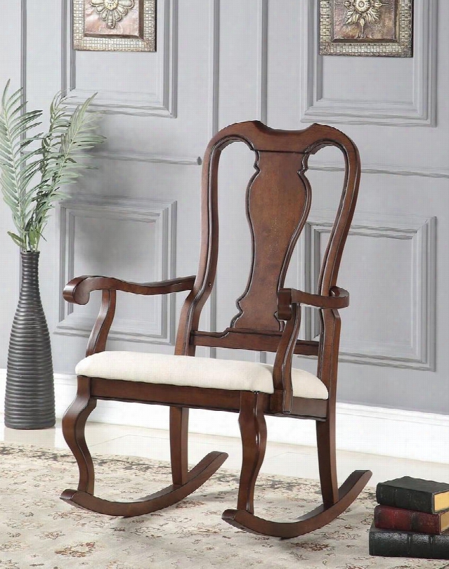 Sheim Collection 59382 33" Rocking Chair With Tall Queen Anne Back Beige Fabric Seat Cushion Smooth Rocking Motion And Rubberwood Frame In Cherry