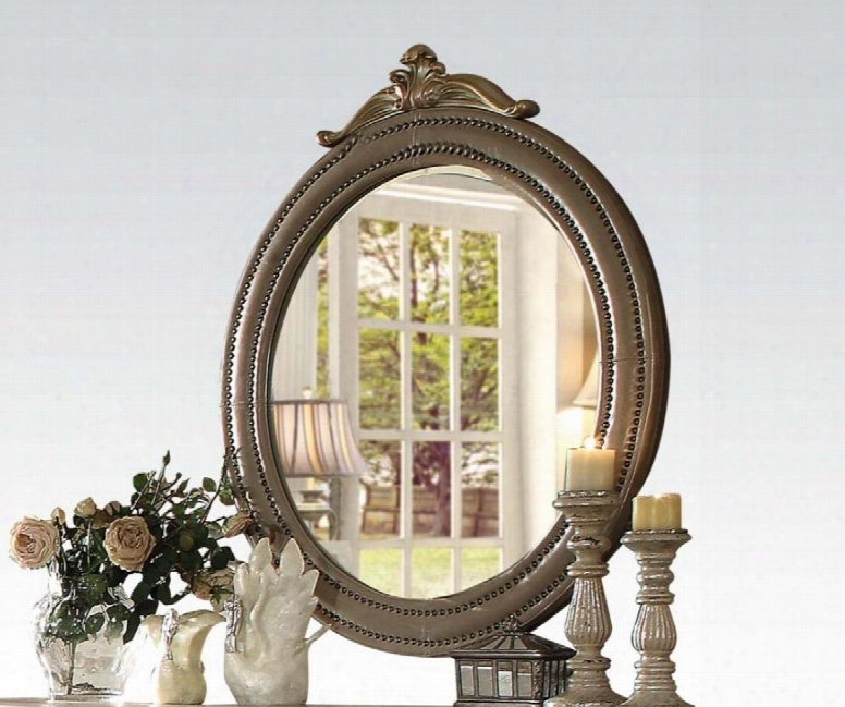 Varada Collection 21244 37" X 45" Mirror With Vintage Bone Pu Upholstery Nail Head Trim And Poly Resin Ornamental Detail In Champagne Gold