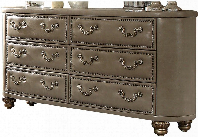 Varada Collection 21245 64" Dresser With 6 Drawers Nail Head Trim Pumpkin Bun Legs And Vintage Bone Pu Leather Upholstery In Champagne Gold