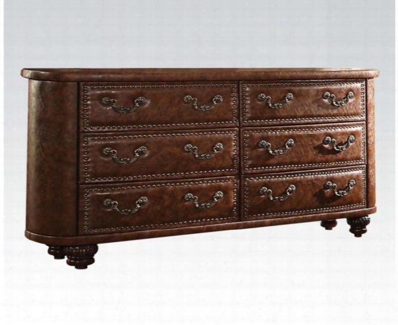 Varada Crescent 25165 64" Dresser With 6 Drawers Brown Pu Leather Upholstery Pumpkin Bun Legs Nail Head Trim And Solid Wood Construction In Antique Cherry
