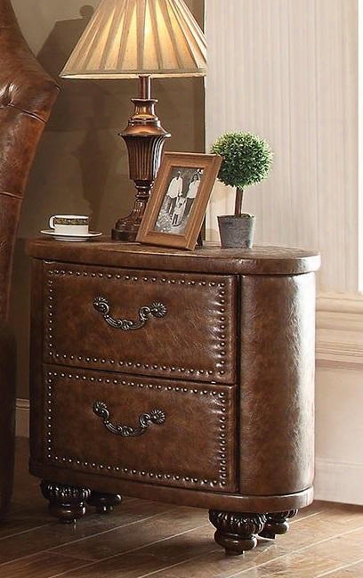 Varada Crescent Collection 25163 27" Nightstand With 2 Drawers Oval Shape Pu Leather Upholstery Pumpkin Bun Feet And Solid Wood Construction In Antique