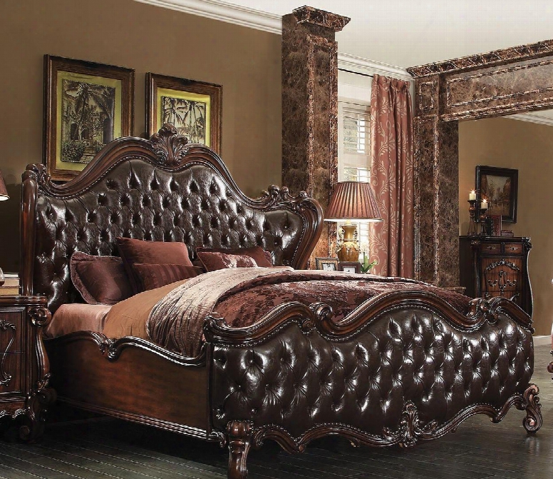 Versailles Collection 21114ck California King Size Panel Bed With Dark Brown Pu Leather Upholstery Wingback Button Tufted Headboard And Nail Head Trim In