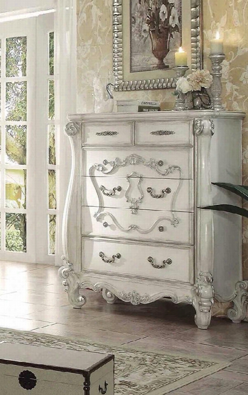 Versailles Collection 21136 47" Chest With 5 Felt Lined Drawers Carved Apron Decorative Metal Hardware And Solid Wood Construction I N Bone