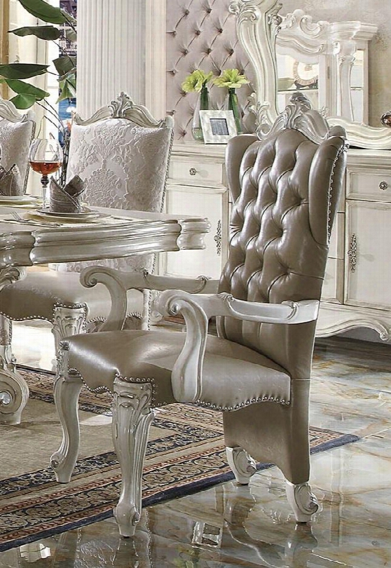 Versailles Collection 61133 Set Of 2 20" Upholstered Arm Chair Chair With Cabriole Legs Button Tufting And Nail Head Accents In Bone White