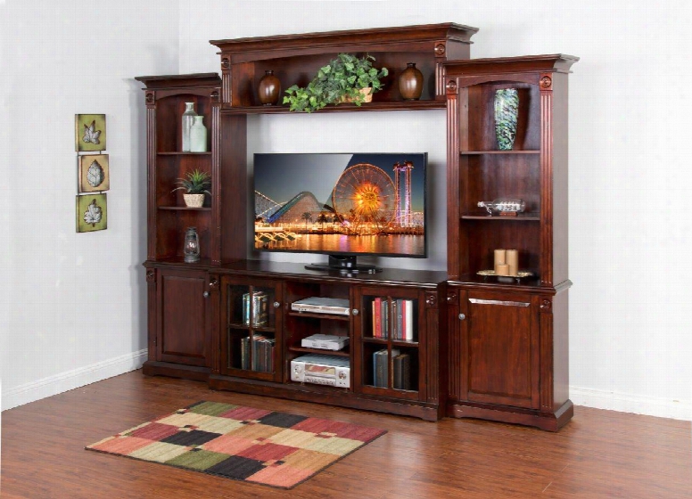 Vineyard Collection 3543rm 118" Grand Entertainment Wall With 4 Doors Molding Details And 6 Adjustable Shelves In Rustic Mahogany