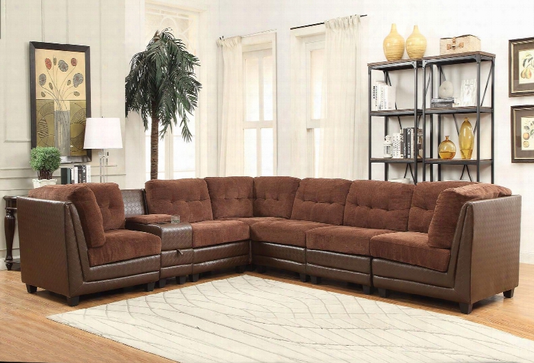 Vlord 52230 Reversible Section Al Sofa With 3 Wedges 3 Armless Chairs Console Cup Holders Tufted Back Cushion Chenille And Pu Leather Upholstery In Brown