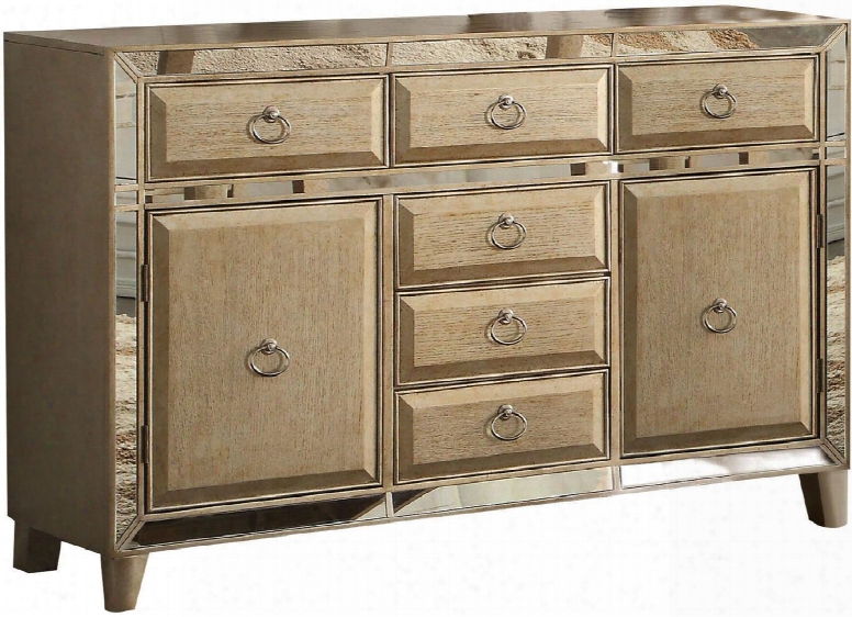 Voeville Collection 61004 60" Server With 6 Drawers 2 Doors Mirror Trim Insert Tapered Legs Metal Hardware And Rubberwood Cosntruction In Antique Gold