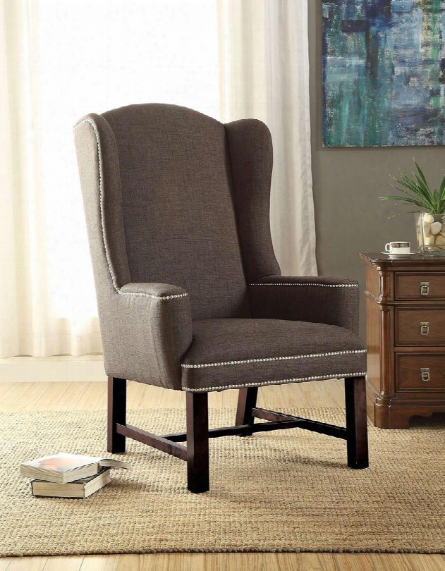 Wells Collection 59309 30" Accent Chair With Wing Back Nail Head Trim Stretchers And Fabric Upholstery In Grey