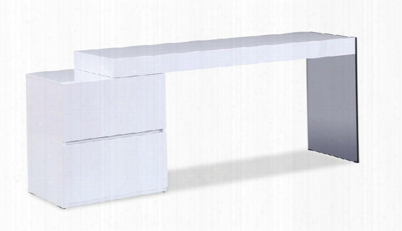 180751 62.9" Mia Modern Office Ddesk With Smoked Grey Glass Leg Revers1ble Drawers Adjustable Length And 2 Drawers With Soft Closing Tracks In White High